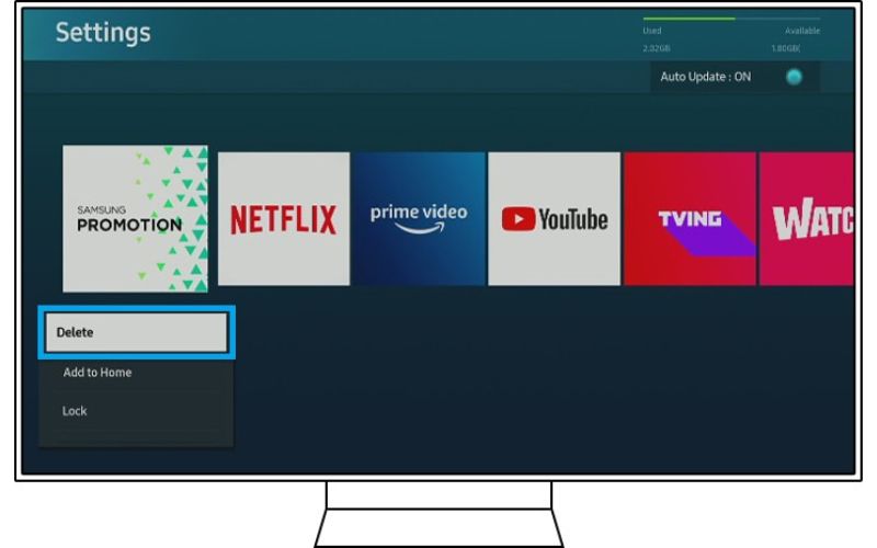 Chọn ứng dụng muốn thao tác, sau đó chọn Delete 